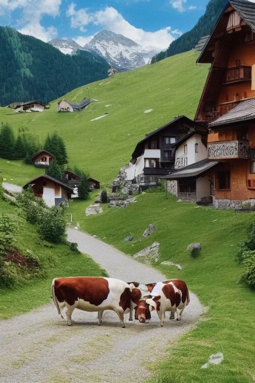 Brown and white cows walking on a path in the alps, Austria, green grass, hyper realistic, detailed, accurate, beautifully ornamented houses, open aperture, style Isabel Kreitz