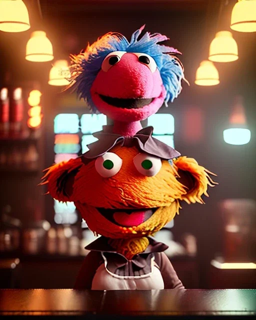 Pub, hybrid character, waitress woman with monster muppet mask that covers her entire head, retro style, Sesame Street style, smooth, unreal engine 5, god lights, ray tracing, RTX, lumen lighting, ultra detail, volumetric lighting, 3d.