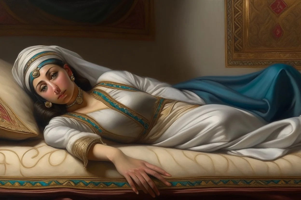 oriental arabic woman lying on a pillow painting neoclassism zoom out realistic whole body