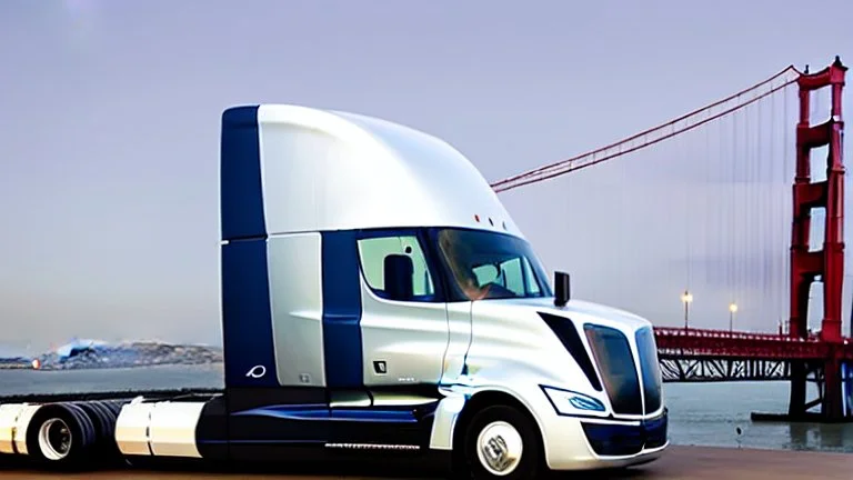 A Tesla semi-truck is parked, over the 'Pier 39', in San Francisco. CINEMATIC. WIDE ANGLE LENS.