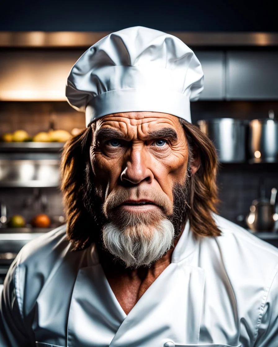 Hombre de Neandertal moderno con traje de chef de cocina, gorro de chef, fondo cocina, calidad ultra, hiperdetallado, colores contrastantes