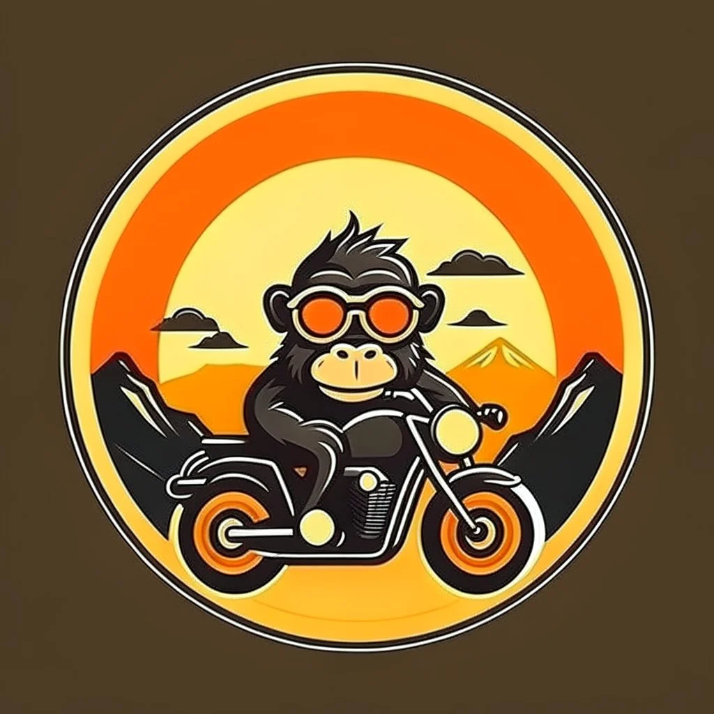 Monkey riding a mopped motorcycle with sunglasses and a big smile, have a mountain sunset on the background, make a round logo