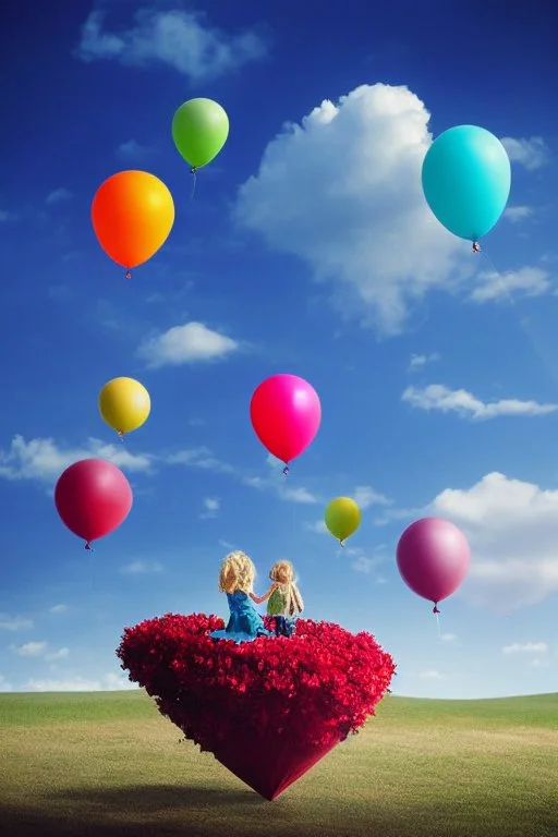 Carry a little girl home my trusted balloons, colorful, surrealism