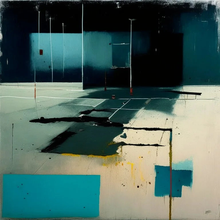 Minimal abstract oil paintings of a desolate 1960s carpark. Illuminated by a spotlights. On the floor are concrete fragments and road markings . In the dark mysterious style of Justin Mortimer and Francis Bacon.