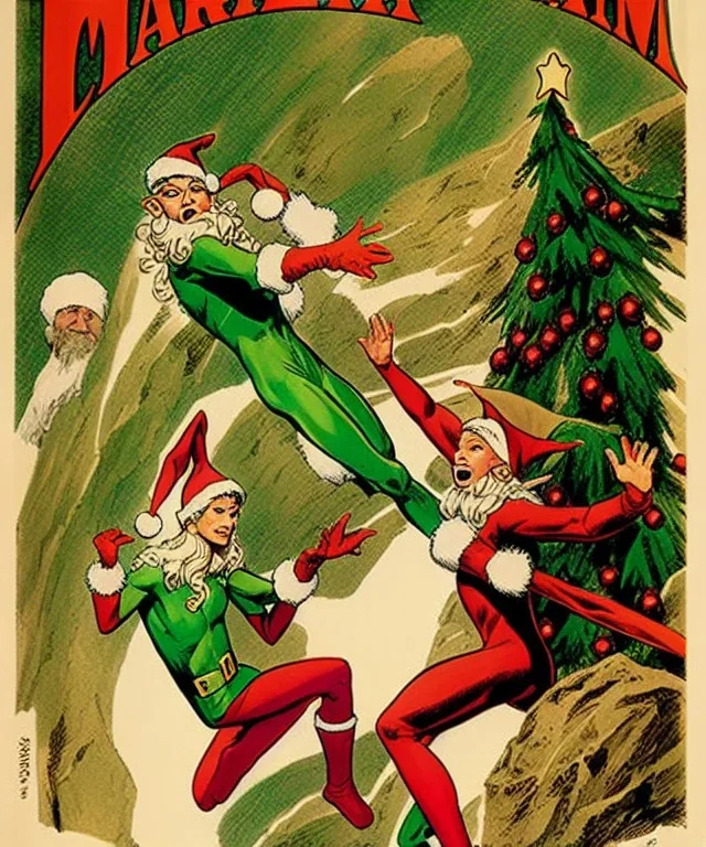 two elves. woman and man. Christmas scene. poster. marvel comic. low-key