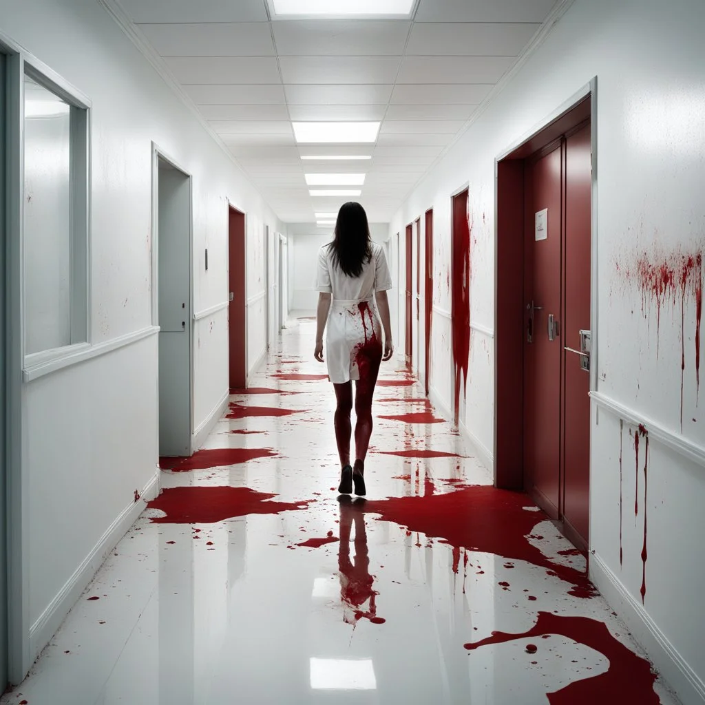 white hallway of a hospital where a brunette woman is covered in blood. The view is shocking, with parts of bodies scattered everywhere. The woman, with her eerie appearance and determined posture, conveys a sense of determination and strength in a context of destruction and desolation. The contrast between her blood-stained figure and the clinical environment of the corridor creates a powerful visual impact, hinting at a story filled with violence and conflict. Her presence, amidst debris and h