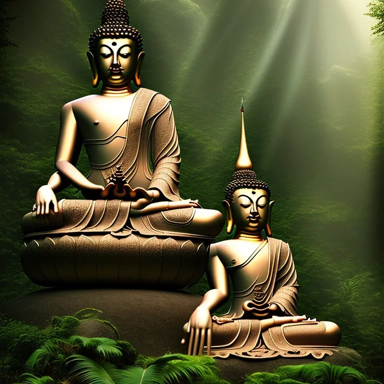 Buddha in a jungle, hyper realistic, photography, rays, amazing lighting