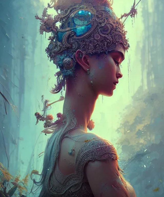 Insanely detailed photography of head and shoulder or a young beautiful goddess , intricate and hyper detailed painting by Ismail Inceoglu Anna Dittmann and Alexandr Fedosov CGSociety ZBrush Central fantasy art album cover art 4K 64 megapixels 8K resolution HDR. Background Tokio City.