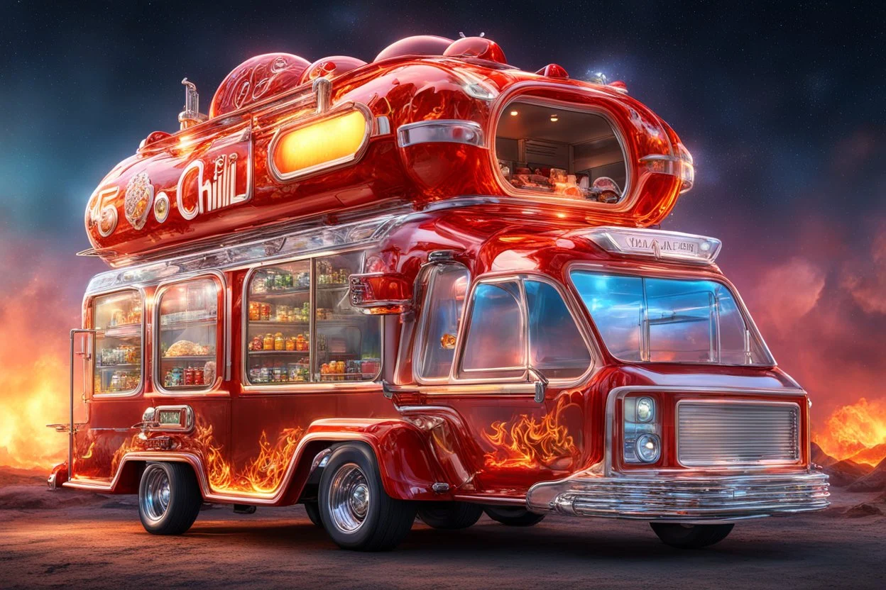 Futuristic crystal Clear glass food truck shaped like a firetruck, spacecraft hovercraft "5 Alarm Chili" food truck theme, surreal fantastical vehicle with the side open with an ordering window and food bar, elaborate, vibrant, fantastical hyperrealistic, maximalist, insanely detailed, concept art, nighttime, "5 ALARM CHILI" logo