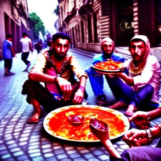 drunk gypsies eating ajvar on the street, 35mm