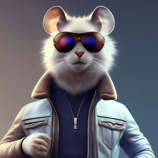 cute male mouse with the body of a human, wearing a leather jacket and sunglasses, pixar style, dramatic, dramatic lighting, volumetric lighting, hyperrealism, 8k, high quality, photorealistic, lot of details