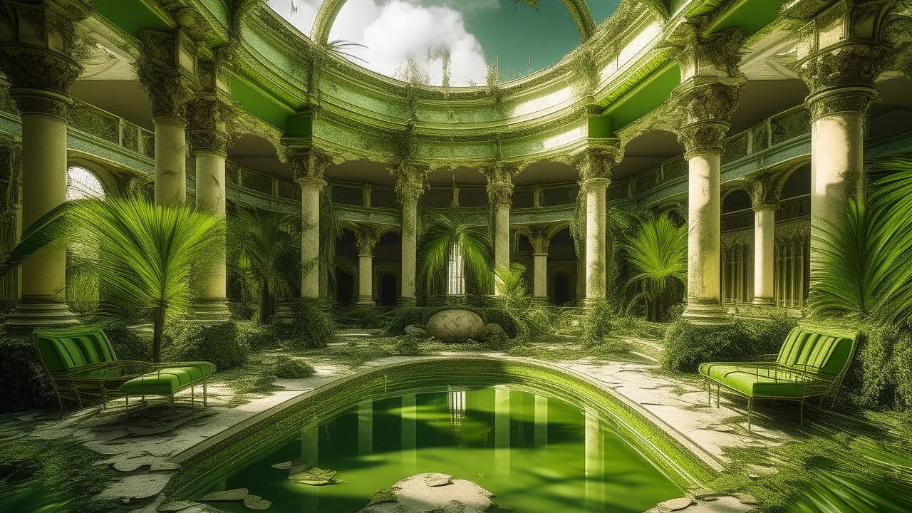 Empty swimming pool in an abandoned hotel, dry leaves piled up at the bottom, rusty sun loungers, neoclassical columns covered in moss, wild palm trees growing between the broken tiles, sky visible through the cracked glass roof, green and gold tones, dramatic lighting