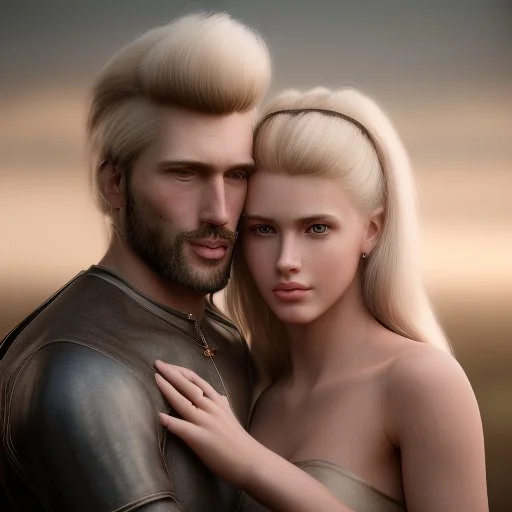 A photo realistic portrait of a stunning blonde girl and muscular dark haired man in a lovers embrace standing in front of a medieval castle