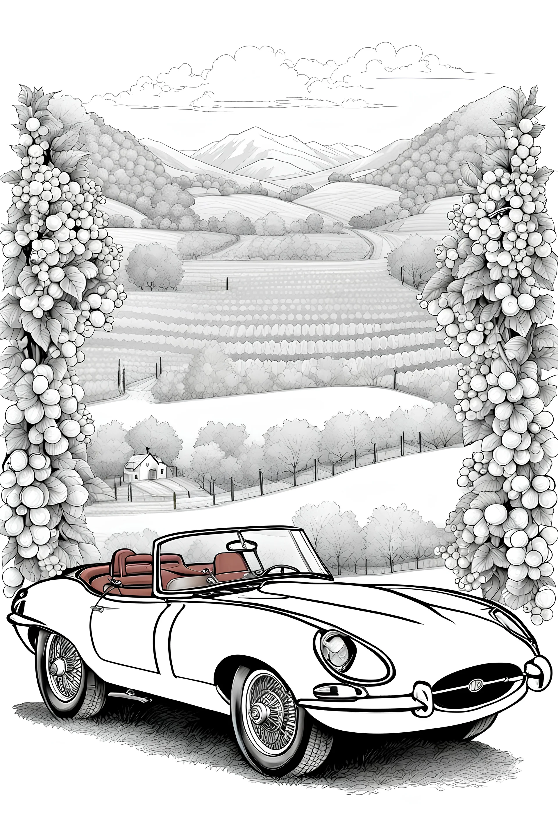 outline art for an adults coloring page, Vintage Jaguar E-Type Parked at a Vineyard , white background,detailed sketch style,no color , only use outline, clean art , white background, no shadows and clear well outlined,