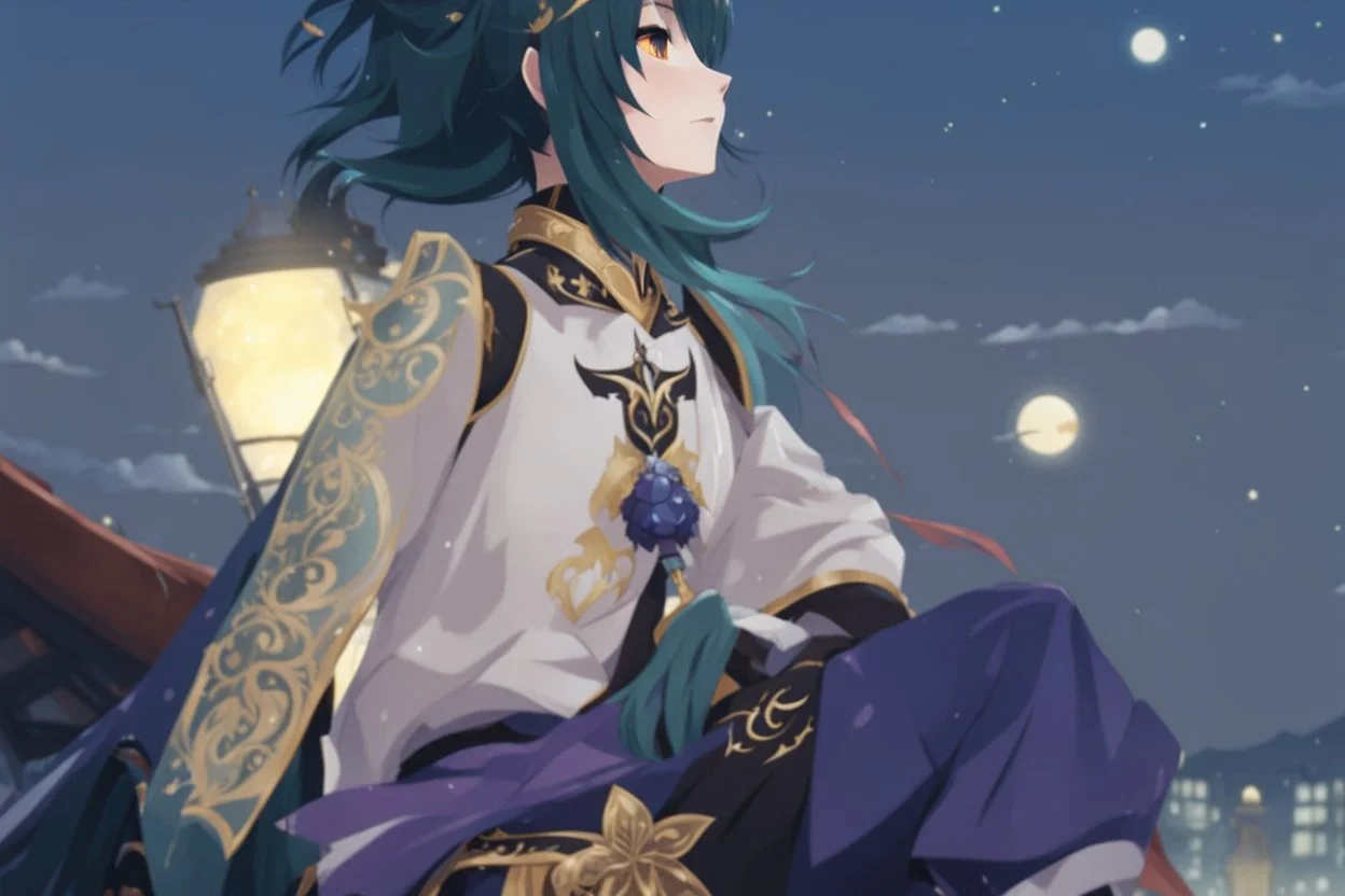 Xiao from Genshin Impact, highly detailed, intricate background, sitting on rooftop, contemplative