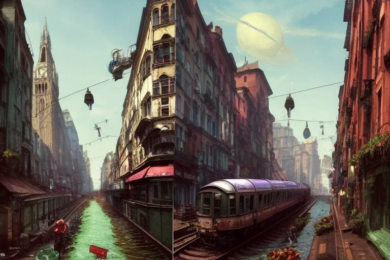 Corner highTrain run raid Train Canal River and corner shop greengrocer in colorful Italian street+Gothic city+BioShock+Dishonored+Bloodborne +trieste+Edinburgh+Chicago+victorian London+decòpunk Skyscraper+ +steampunk+biopunk+alphonse mucha, greg rutkowski,matte painting, cryengine, hyper detailed, felix kelly, fantasy art, seb mckinnon