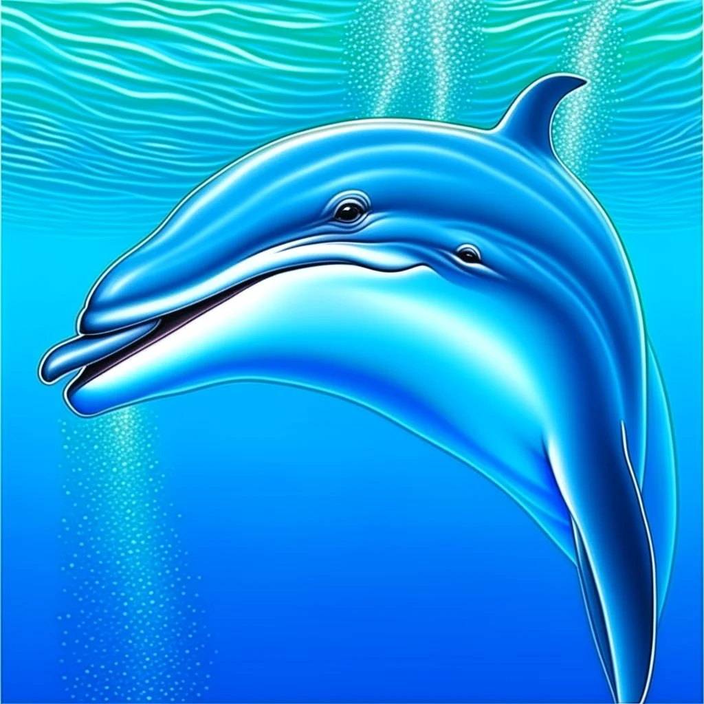 a realistic illustration of a Dolphin, detailed, using three colors blue. ocean background.