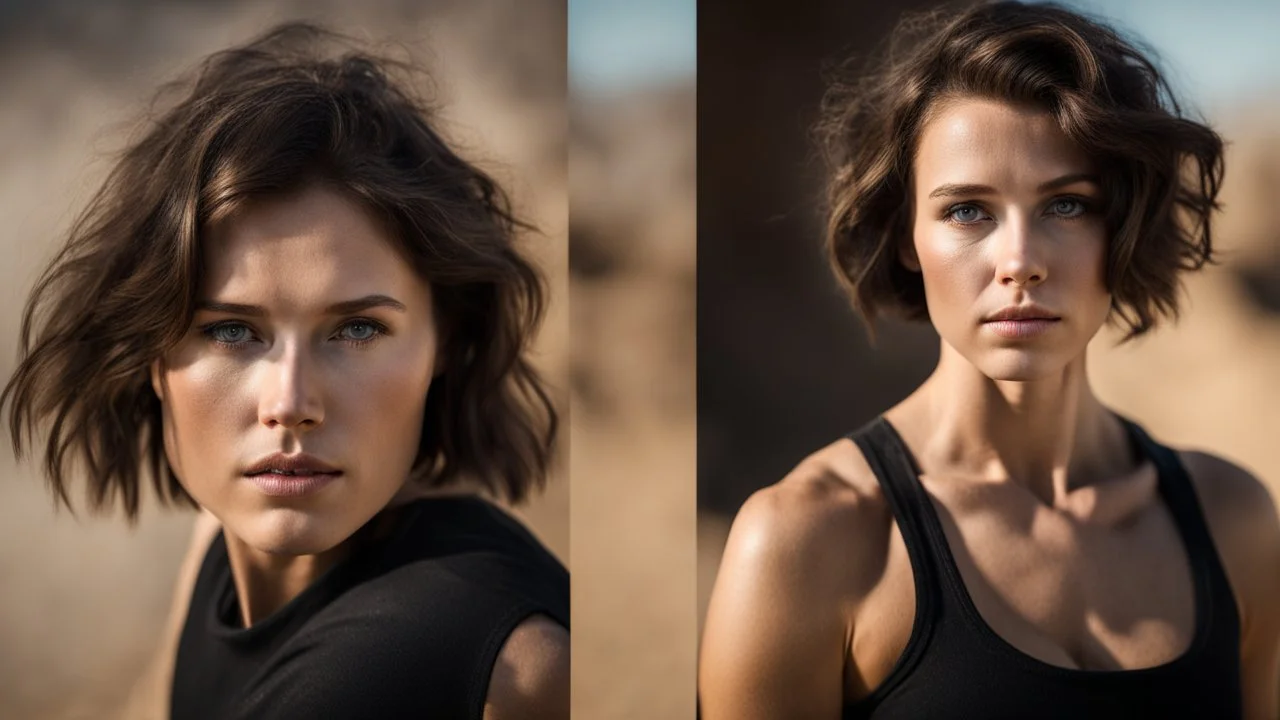 beautiful caucasian female technician, black tank top, well toned muscles, weathered face, scratched sand camo metal details, short brunette wavy bob haircut, dystopian, desert scene