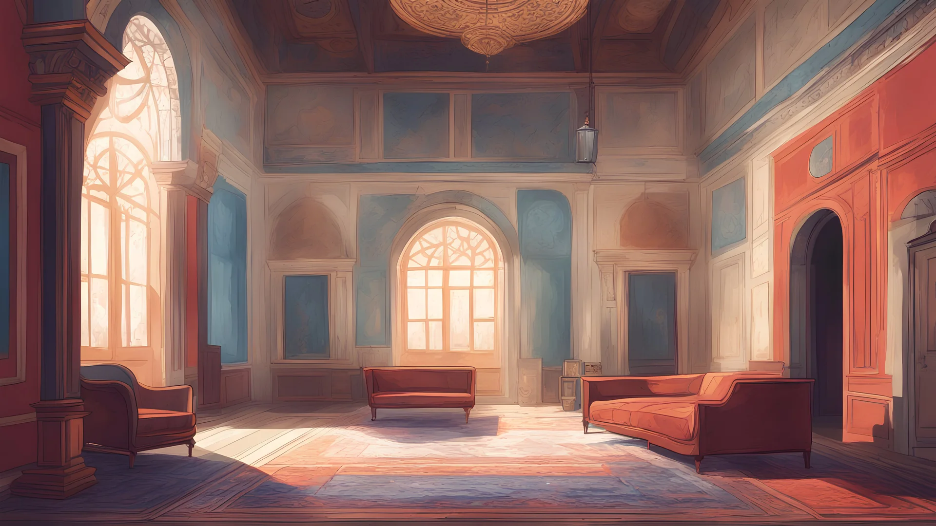 Vector. Minimal. color. 2D animated. Inside Old royal palace. 1800 AD. Digital painting, Old Istanbul. Yard and living room. Minimal. color. 2D animated.