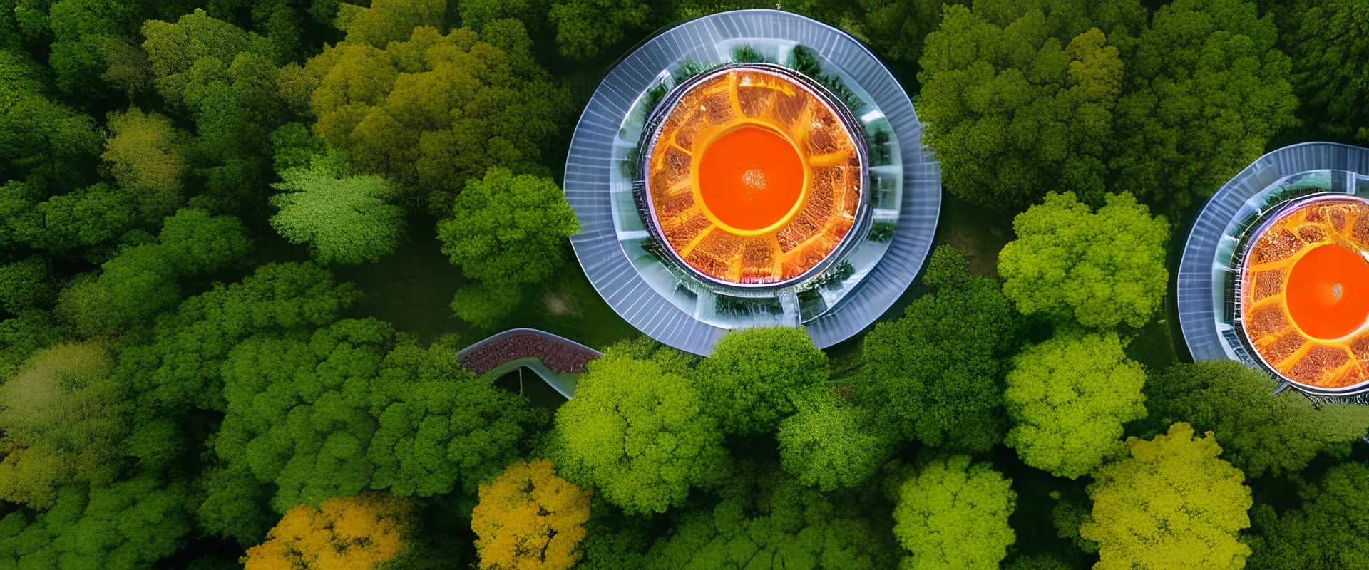 top view a open top huge library in forest with mystic fireflies and orange mystic lights around trees that have wide leaves and broad trunked at night.