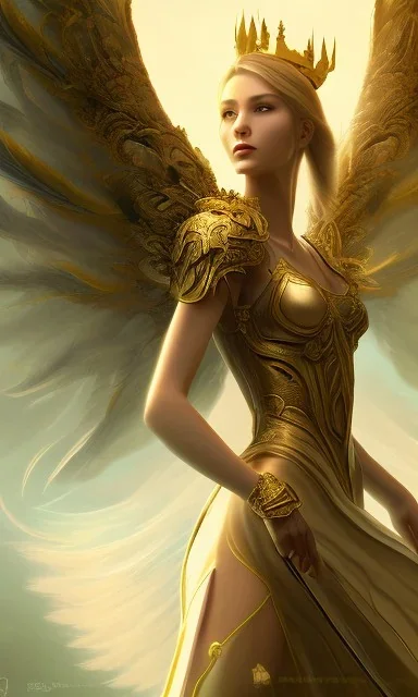 Female angel with beautiful perfect face big wings and golden crown floating above the ground in the dark enviroment, anatomically correct, michelangelo style, detailed, world of warcraft style, dark forest, trees, painting, brush strokes, 8k, dark forest in the background, epic scene, epic painting