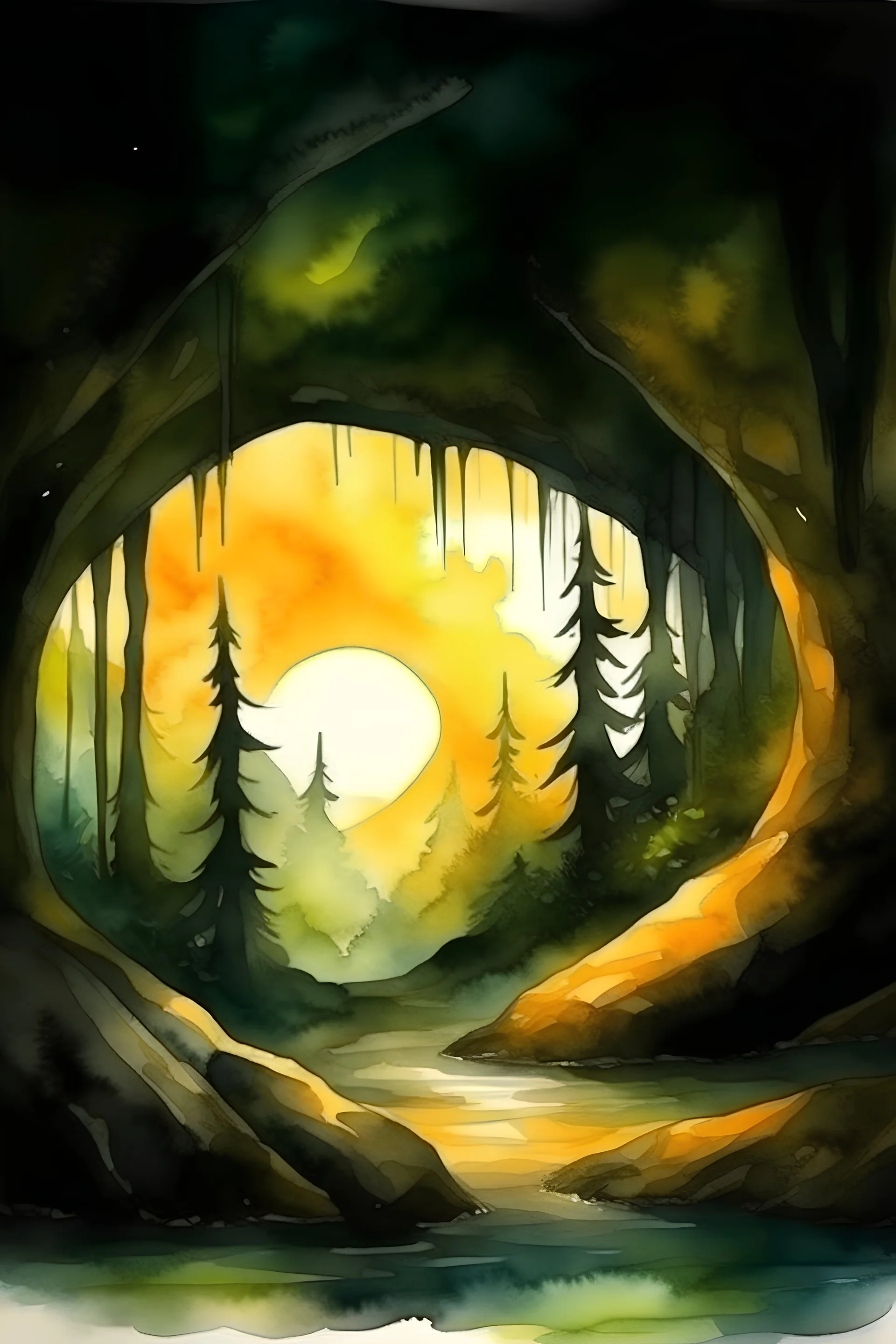 The sun and the forest are visible from the cave. It's dark inside the cave. watercolor drawing.