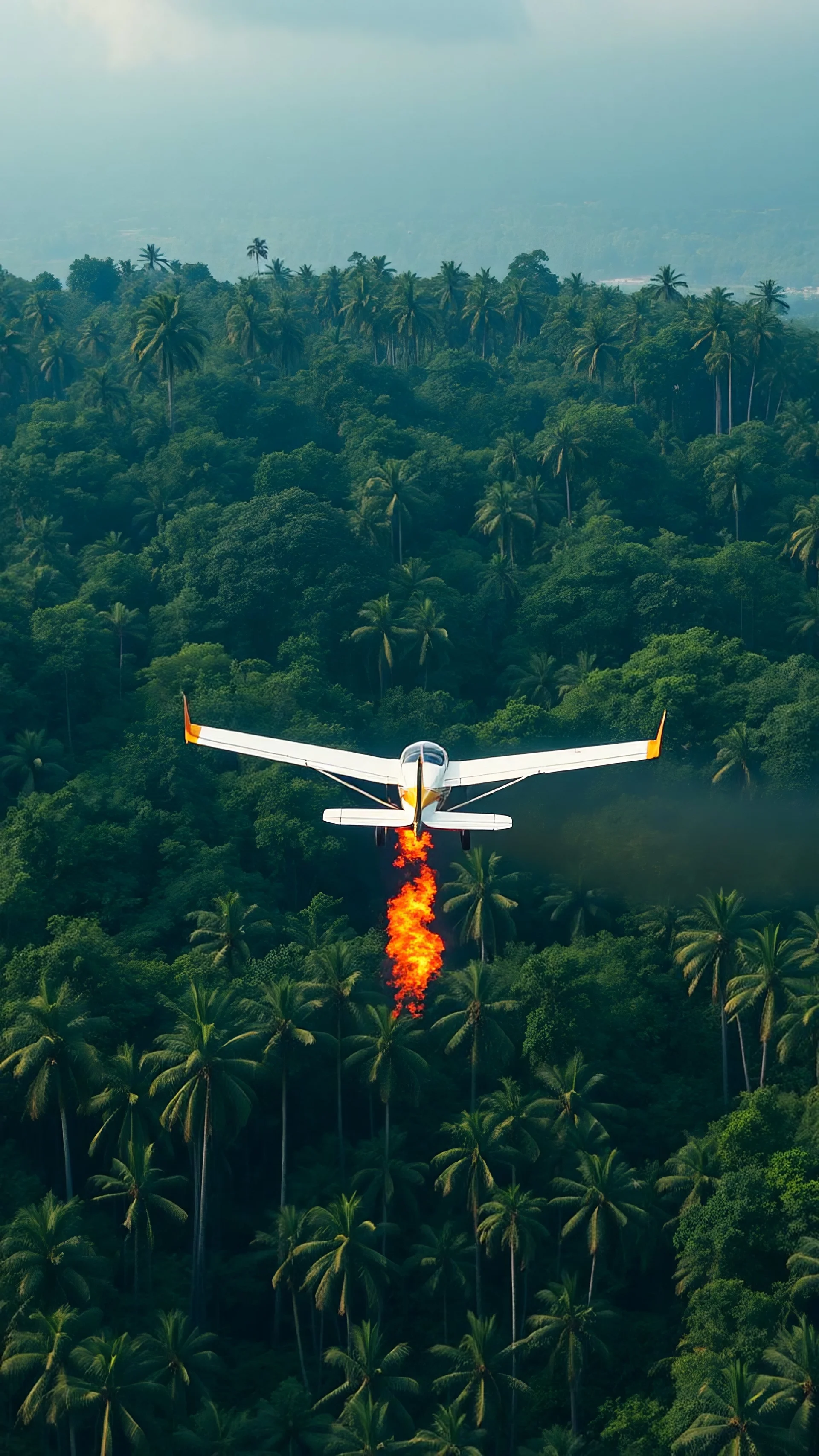 Small plane hovering above a jungle with big trees. Fire on the rear of the plane