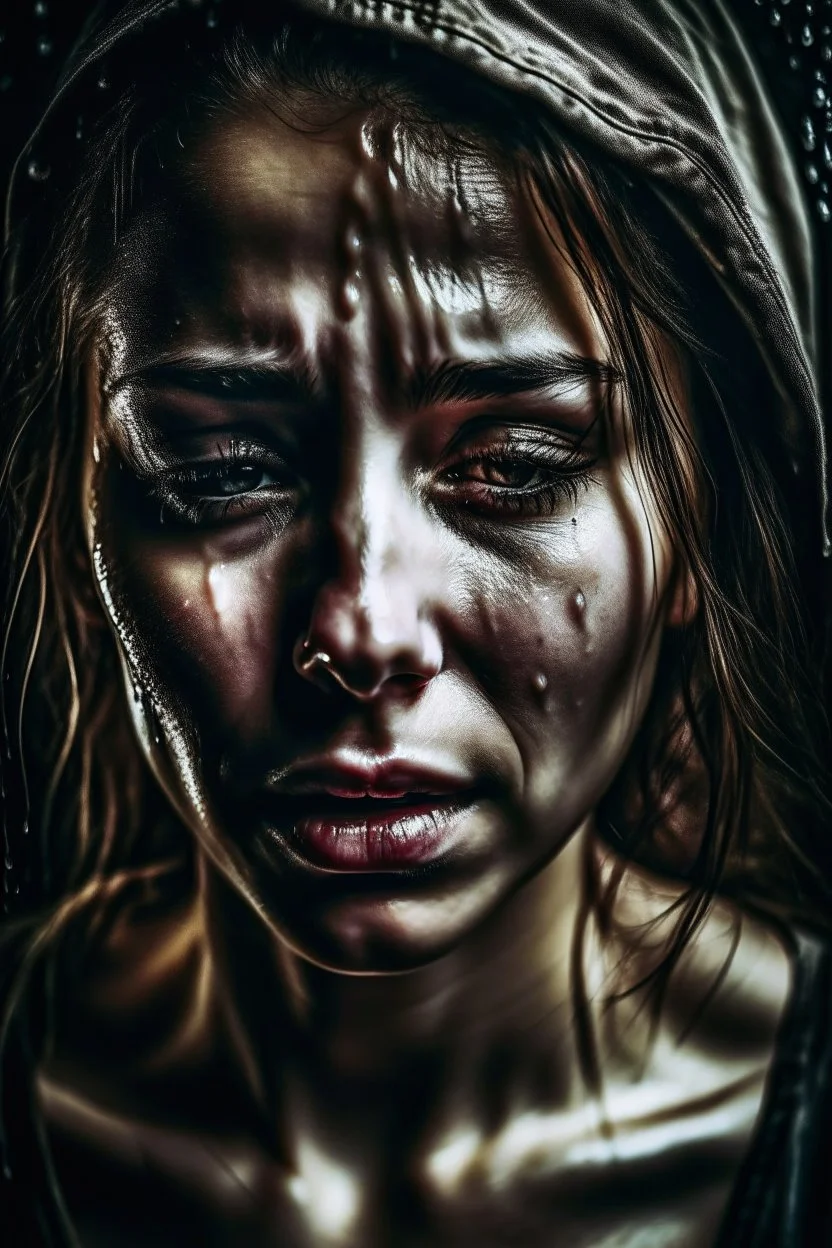 A beautiful woman with tears streaming down her face, her expression a mix of sorrow and despair.HOF, full size, (((realism, realphoto, photography, professional photographer, captured with professional DSLR camera, 64k,