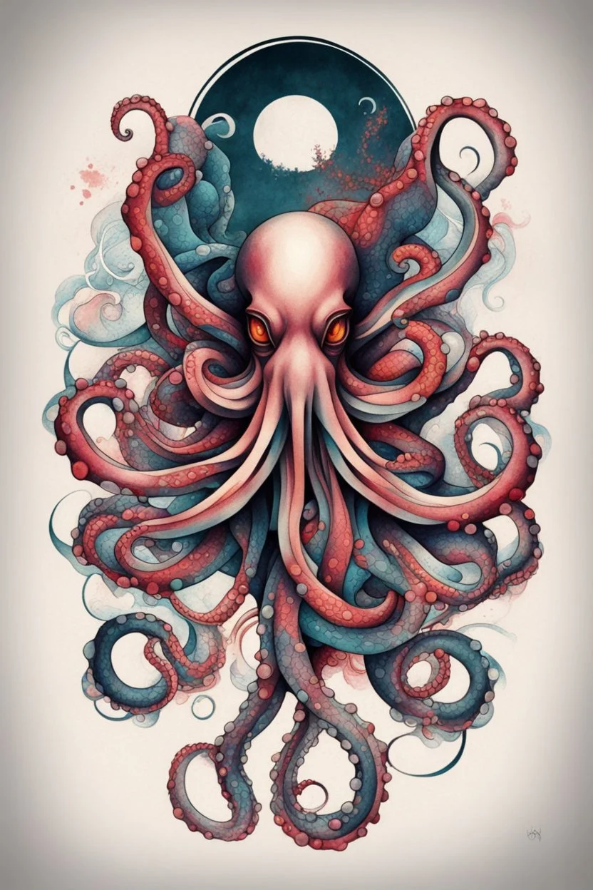Create a captivating modern 2d colorfull ink tattoo design for print , prestigious (Sacred Octopus) using the elegant influences of japan art style, for print, dynamic elements from fashion and design, and bold Japanese contemporary art aesthetics, framing centered in the center, distanced from the edges of the paper perimeter, perfect anatomy, bauhaus, Divine Proportion,