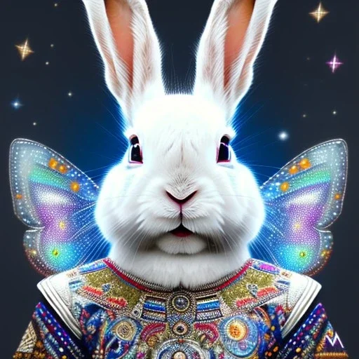 white platinum rabbit with blue third aye and butterfly wings, aboriginal, dot painting, indiginous, dot, mud, dream-time, abstract, dots, natural pigment, extremely sharp detail, finely tuned detail, ultra high definition, 8 k, unreal engine 5, ultra sharp focus, art germ and Paul Lewin and Kehinde Wiley