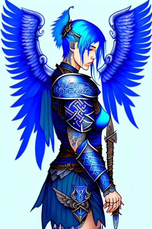 a person in runic armor with blue wings, blue short hair, runic tattoo and spell book