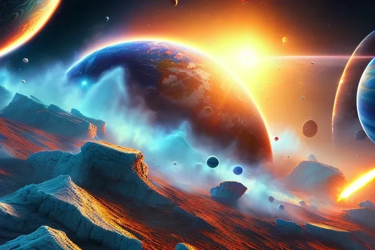 sharp focus, planet crashing into another planet, Impressionism, vibrant colors, octane render, insane detail, 8k, high quality, intricate, hyper realism