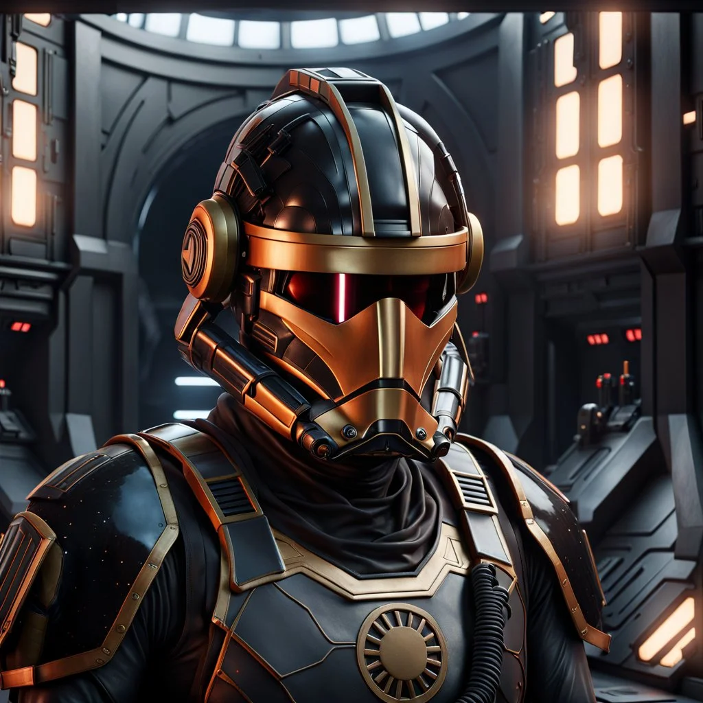 star wars bald male corellian pilot wearing pearlescent black and gunmetal grey First Order special forces heavy assault stealth commando armor and helmet with gold trim inside the jedi temple, hyperdetailed, dynamic lighting, hyperdetailed background, 8k resolution, volumetric lighting, light skin, fully symmetric details