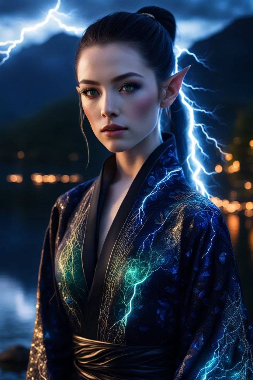 dark black eyes, pale skin, supermodel, lightning crackle around her body, female gorgeous elf, dark high ponytail hair, detailed glowing ornamental magical pattern robe, glowing gem crackling with lightning implanted on robe, 8k, high detail, lake background, midnight, facing viewer, front facing