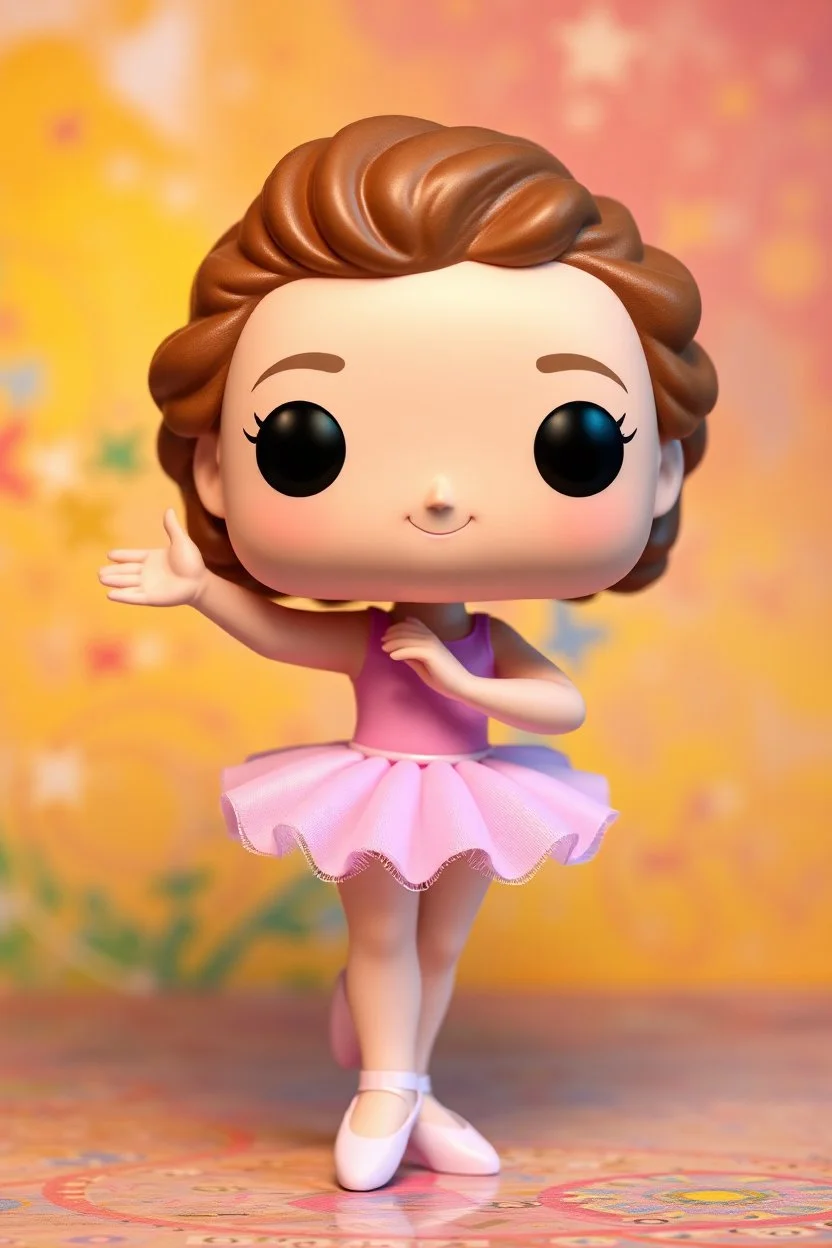 Funko Pop, very young female, medium soft curly soft brown hair, pink ballerina dress, dance pose, smiling, very happy, colorful background, allowing visibility of the figure, typography, 3D render.