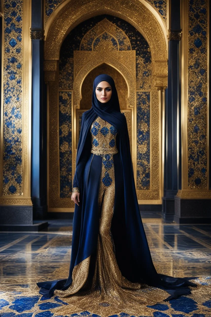 Gorgeous photography full body excellent pose Beautiful super model Iranian islamic hijab dressing Luxury colors black and gold crystal diamonds sapphire,colorful art conceptual, amazing artwork,close-up portrait,luxury Royal Palace background