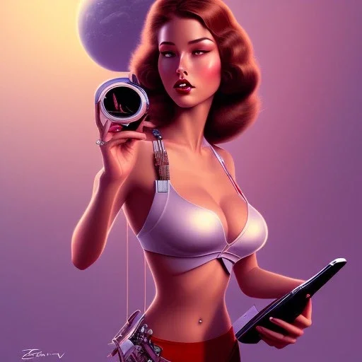 beautiful young woman using a pc, pin-up by sun khamunaki, by Elias Chatzoudis