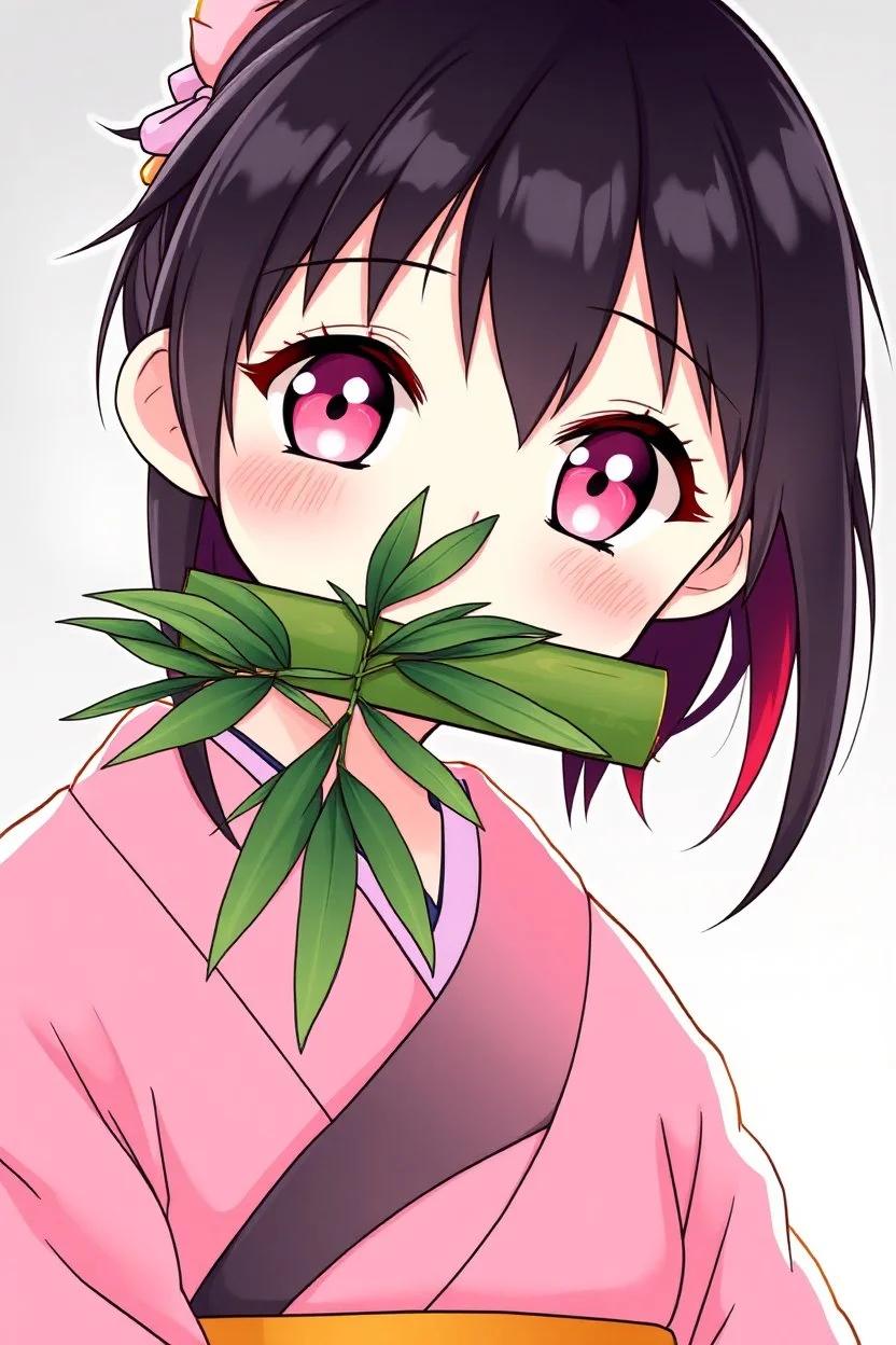 Cute Japanese girl, with pink eyes, dressed in her pink kimono and a black haori, black hair with reddish tips, a piece of bamboo covering her mouth