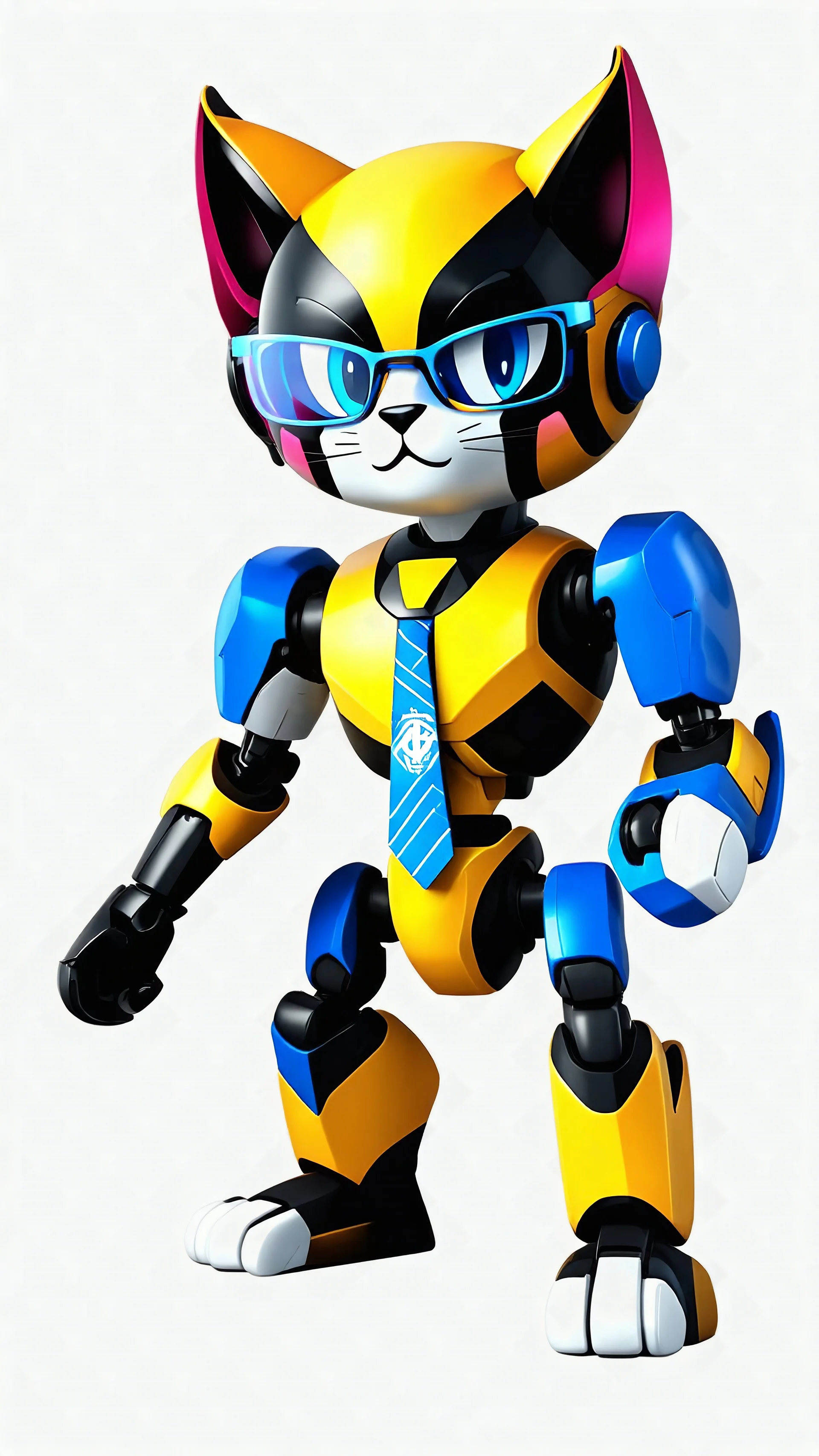 (robotic cat humanoid form inspired wolverine,logo on tie , wolverine armour full body ,: 1.3), ((blind box toy style:1.3)), (full body shot), a cute transparent robot cat, Transparent Mech, Exquisite Helmet cat :1.2, Glasses:1.2, Cyberpunk, dreamy glow , bright neon lights, clean, white background, (global illumination, ray traching, HDR, unrealistic render, reasonable design, high detail, master part, best quality, hyper HD, cinematic lighting)