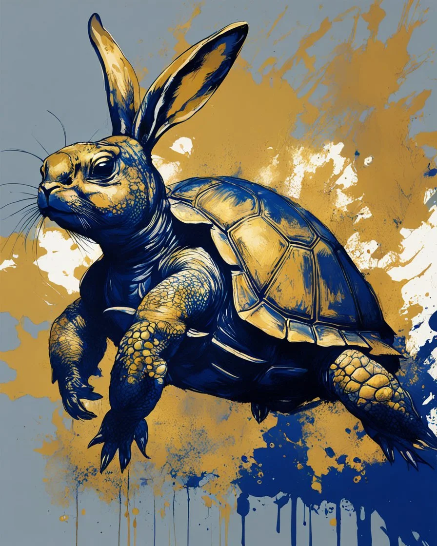 poster in two gradually, a one side Bunny darkblue and other side Turtle gold tones, painting by Yoji Shinkawa,