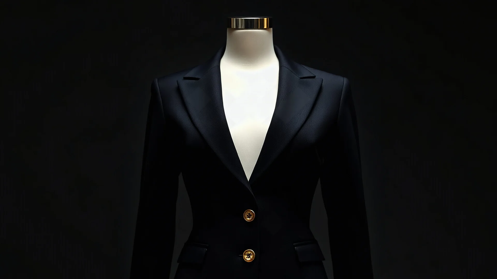 Ghost mannequin effect showing a black womens business office classic jacket evening dress without a human model The blazer tunic for females features golden buttons and is isolated on a