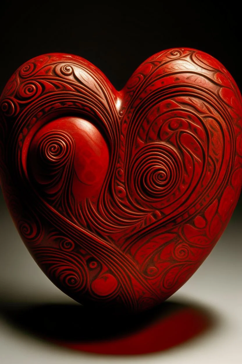 An orangish-red heart designed in Maori sculpture