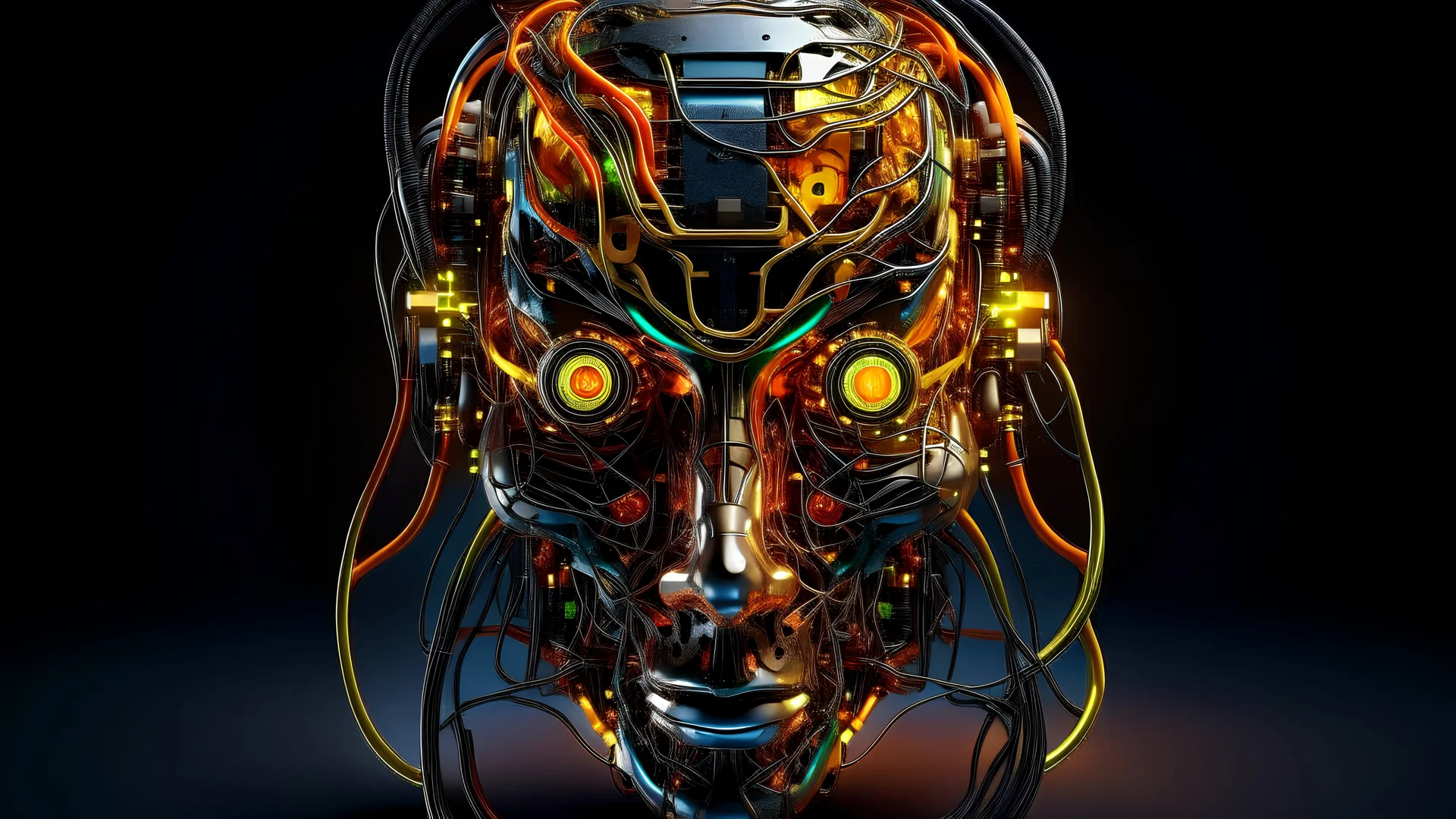 Fire ultra-high quality an android tattooed mask made of cables and of processors and of circuits and of irons and of screws smoked background elemental flames lightning lights luminance colorful futuristic steampunk steampunk cyberpunk style