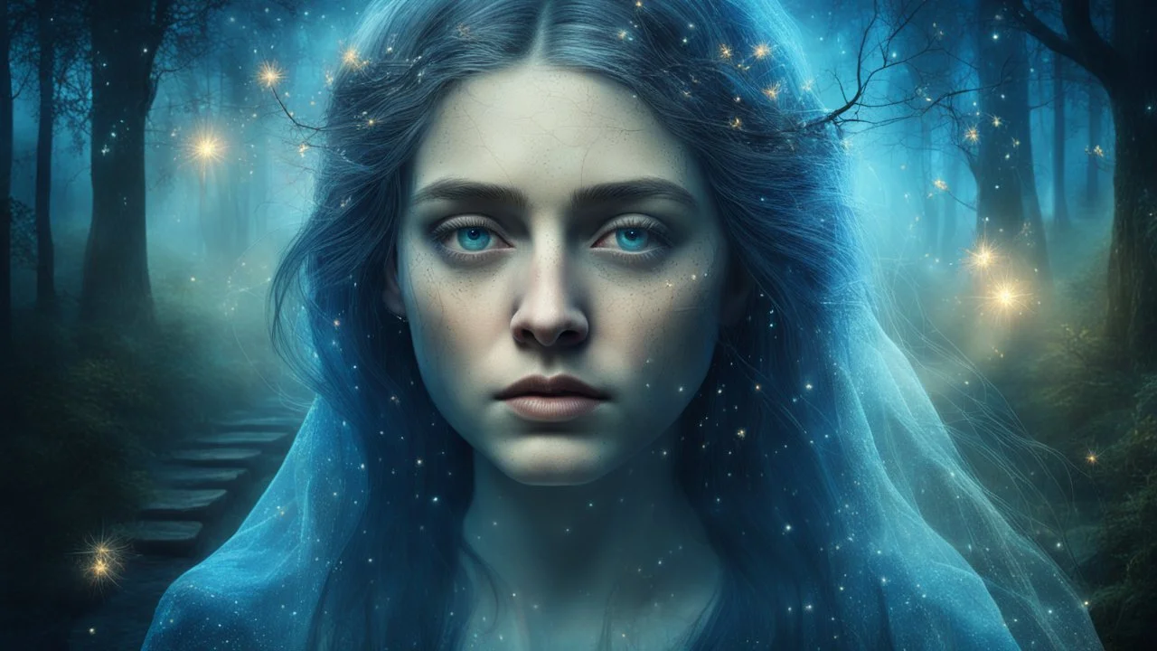 Old canvas, Portrait of a Medieval beautiful sad woman 20 years old, double exposure, fantasy, mystic, night, fog, blue, flowing hair, forest, bridge, water, sparkles, fireflies, fine rendering, bright colors, high resolution, 3D, clear lines , photorealism,