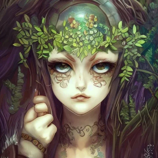 Girl, karlan, rusty metal, anime, Dryad, fae, sidhe, ominous, nature, plants, wildflower, facepaint, dnd character portrait, intricate, oil on canvas, masterpiece, expert, insanely detailed, 4k resolution, retroanime style, cute big circular reflective eyes, cinematic smooth, intricate detail , soft smooth lighting, soft pastel colors, painted Renaissance style