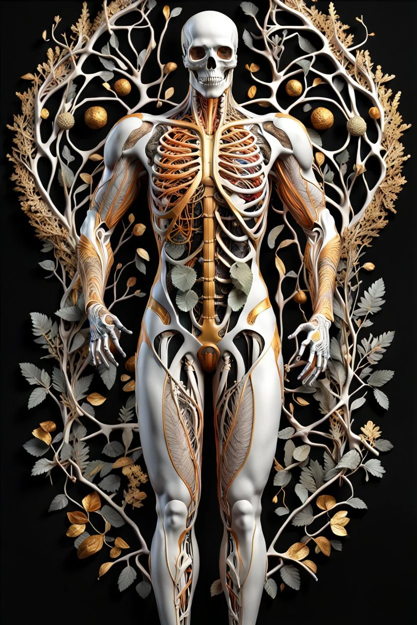 3D rendering of Expressively detailed and intricate of a hyperrealistic “human full body anatomy”, scientific, single object, glossy white, shinning gold, vines, tribalism, black background, shamanism, cosmic fractals, octane render, 8k post-production, detailled metalic bones, dendritic, artstation: award-winning: professional portrait: atmospheric: commanding: fantastical: clarity: 16k: ultra quality: striking: brilliance: stunning colors: amazing depth
