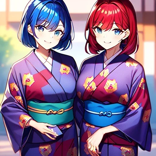 Clear focus,8k resolution, Blue hair, Blue eyes, smiling, Yukata clothes, Twins, Red hair, Blue eyes,