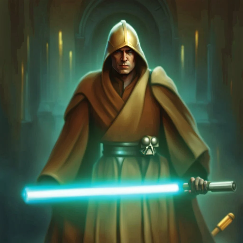 star wars bald male corellian jedi pilot wearing black and gunmetal grey old republic armored robes with gold trim, alone, battle-ready Jedi Master defending a ruined ancient city surrounded by golden light, centered head and shoulders portrait, hyperdetailed, dynamic lighting, hyperdetailed background, 8k resolution, volumetric lighting, light skin, fully symmetric details