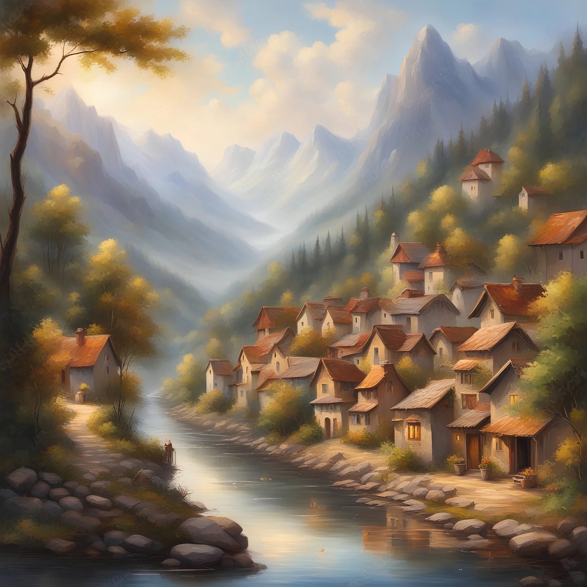 Artistic, oil paint,beautiful old village next to a river also add a forest and mountains in the back