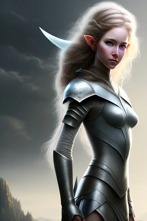 elven young woman, wearing light dress, happy expression, visible ultradetailed armonious cute femine face, visible ultradetailed legs feet hands and pointy ears, luminous weather, field in the mountains, ultra realistic, concept art, intricate details, highly detailed, photorealistic, octane render, 8 k, unreal engine, art by artgerm and greg rutkowski and charlie bowater and magali villeneuve and alphonse mucha